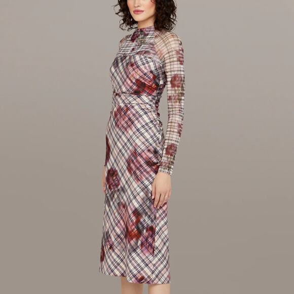 Amur Pink Plaid Sheath Midi Dress SIZE 6 Mesh Work Preppy Ruched Designer $500 - Picture 3 of 13